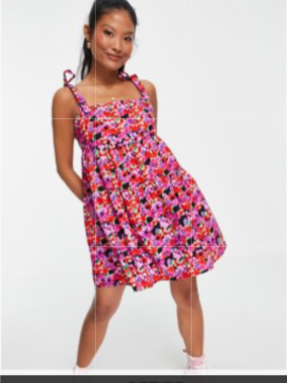 Miss Selfridge Petite Floral Poplin Smock Tie Strap Red Purple Mini Dress Pocket
